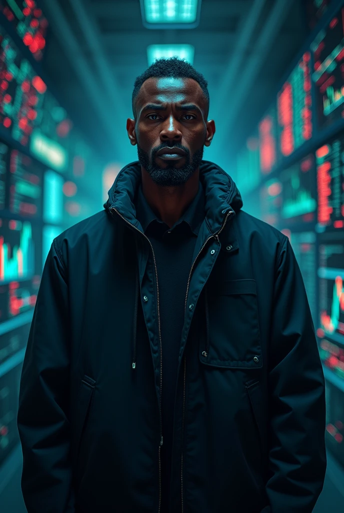 mAKE A HUMAN BEING, his name is fxhitman, a forex trader known for his market sniping abilities, black nigerian guy btw, dark enviroment surrounded with forex charts on screens, make it look like a movie poster