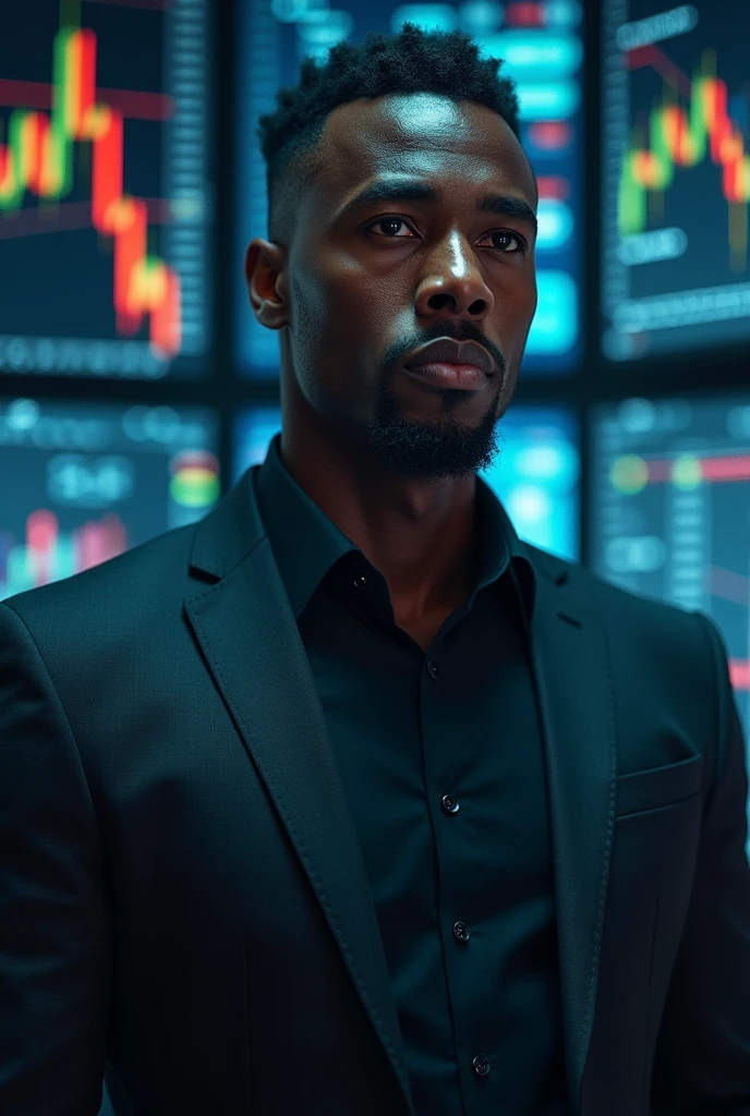 mAKE A HUMAN BEING, his name is fxhitman, a forex trader known for his market sniping abilities, black nigerian guy btw, dark enviroment surrounded with forex charts on screens, make it look like a movie poster
