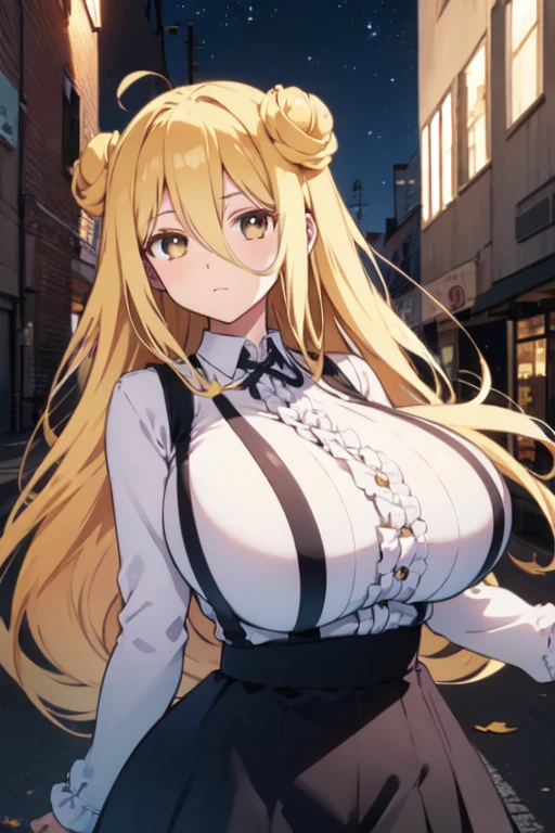 mmukuro,blonde hair, double bun, very long hair, long bangs, hair between eyes, (suspender skirt:1.4), ((massive enormous huge thicc butt)), black skirt, ((ultra gigantic massive enormous huge breasts)), white shirt, long sleeves, striped thighhighs, outdoors, cityscape, city lights, night sky, night, aurora, standing, looking at viewer, black ribbon, center frills, (upper body:1.3),