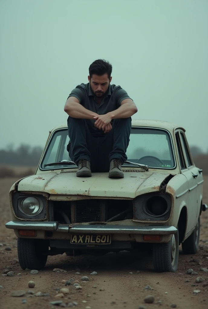 A depressed man on a demage broken car