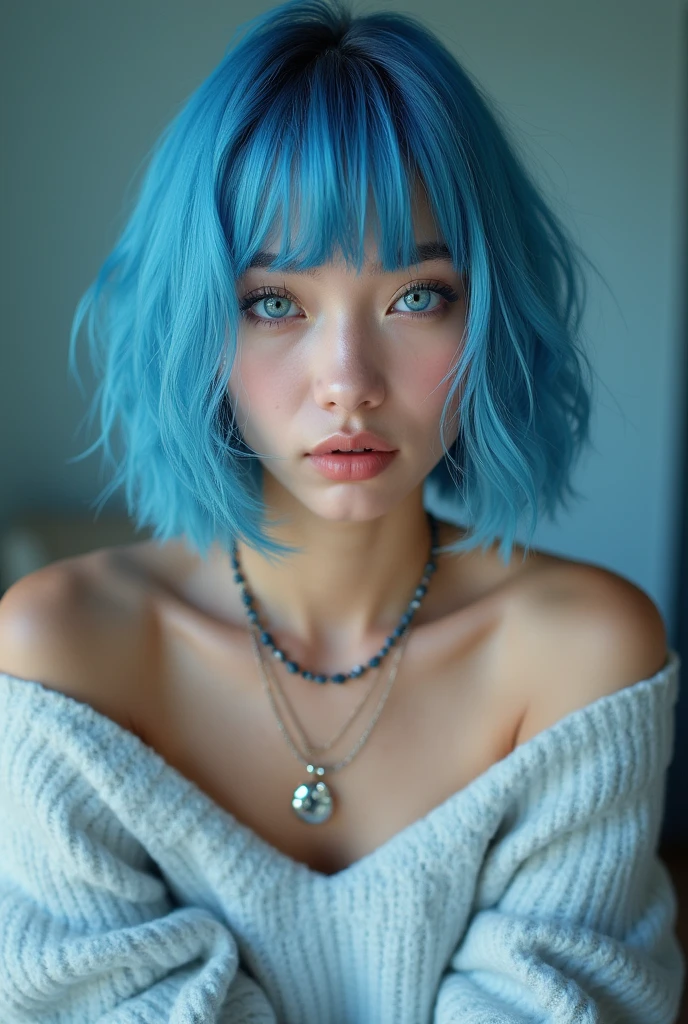 (Best quality, 8k, 32k, Masterpiece, UHD:1.2),Photo of Pretty 18 teen american woman, large breasts, very short bob hair,upper body,face focus,(oversized_sweater,:1.1) necklace, background, looking at viewer, leaning forward, (((blue hair with sliver bangs))), (((vibrant light blue eyes))) (((award winning detail)) ((avatar makeup and popstar clothes)))
