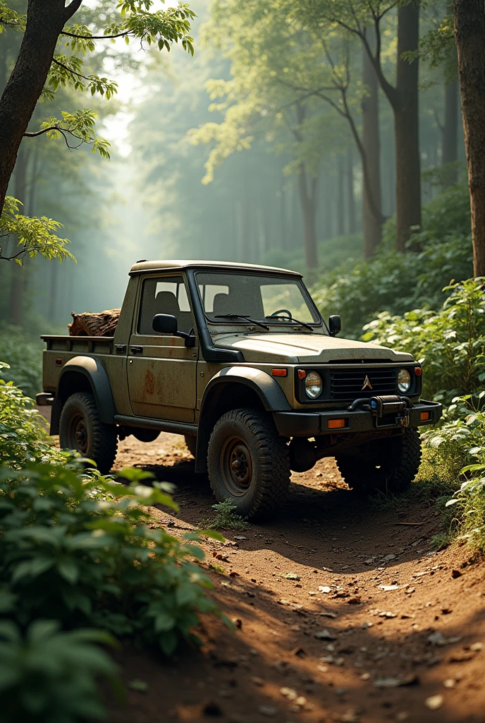 an old pajero tr4 in the middle of the woods