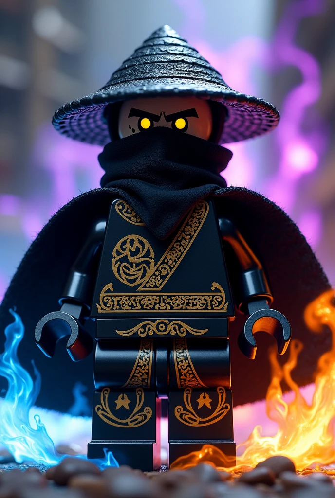 Créer moi un lego ninja go avec pas de muscles et ni de masque le premier maitre du spijisufuturiste de la dernière puissance fusionnaire doit être mauvais et doit être en lego un ninja avec un chapeau de paille noir, avec un bandeaux noir cachant la bouche avec une cape noir ténébreux derrière le dos sombre et avec une peau noir foncé noir sombre et un regard terrible avec des yeux en éclair noir sombre avec une puissance incroyable avec comme puissance élémentaire l’électrique, l’énergie, la terre, le feu, la glace. Les habits du ninja doit être tout noir avec des traces grise bleu foncé avec des reure en forme de force, d'électricité, de feu en or ténèbres et des écritures japonaises et le parchemin du spinjisu interdit sacré le plus puissant en golden, avec un manteaux de fourrure noir. Un ninja imbattable monstrueux beaucoup trop puissant qui contrôle tous les pouvoirs élémentaires. Le ninja doit être destructeur et soif de victoire un gentil et méchant avec un sabre et le parchemin du spinjisu interdit ninjago dans le dos et un symbole de lion sur le torse des habits. Avec des flammes violettes et bleu puissantes autour du ninja