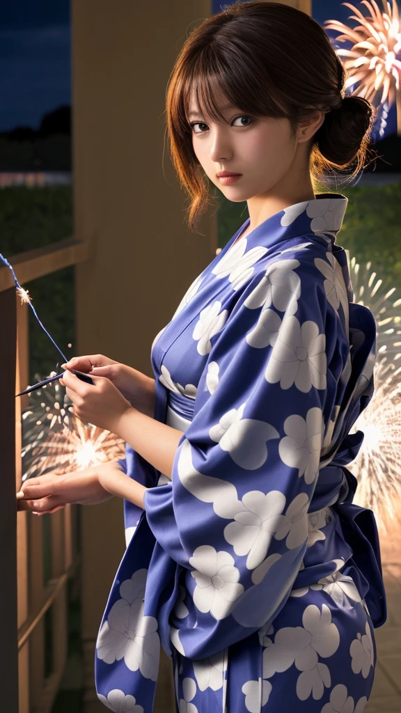 yukata.One girl, solo, High resolution, Brown Hair, Tying up hair, firework,night,Gaze,