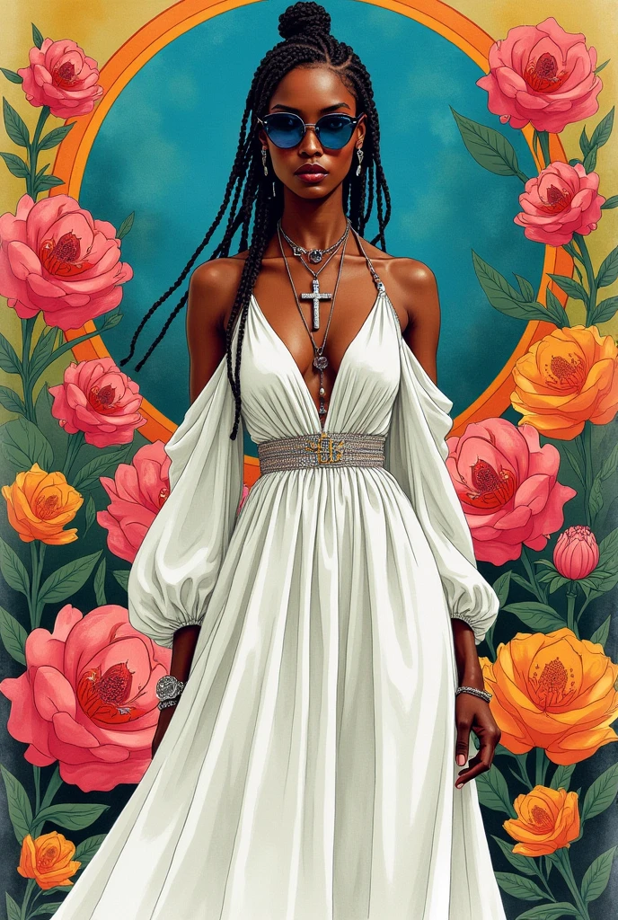 Full body, water colors, ink drawing, beautiful cyberpunk Ethiopian habesha woman, wearing smart digital sunglasses, clean defined delicate features, stylish long white cotton qemis, habesha dress, cross necklace , colorful floral background, in the style of Albaso braids