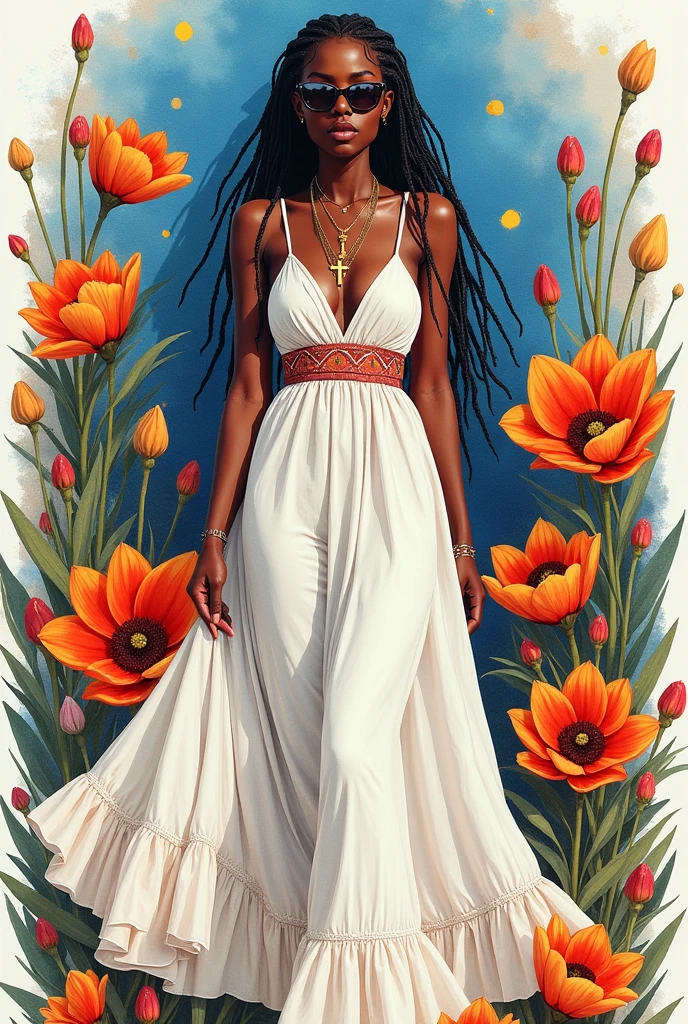Full body, water colors, ink drawing, beautiful cyberpunk Ethiopian habesha woman, wearing smart digital sunglasses, clean defined delicate features, stylish long white cotton qemis, habesha dress, cross necklace , colorful floral background, in the style of Albaso braids