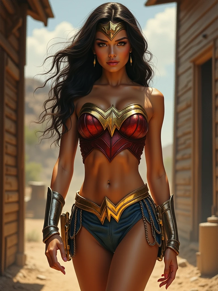 cowboy shot of a hottie wonderwoman wearing only boots