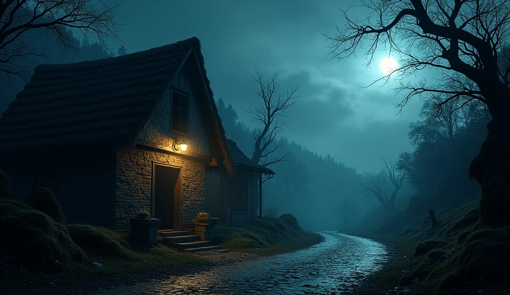 Spooky night view of the streets of an old 17th century Uthai village in Gothic style. One-story brick house with thatched roof lots of nature The house was on one side of the road, on the edge of a valley.