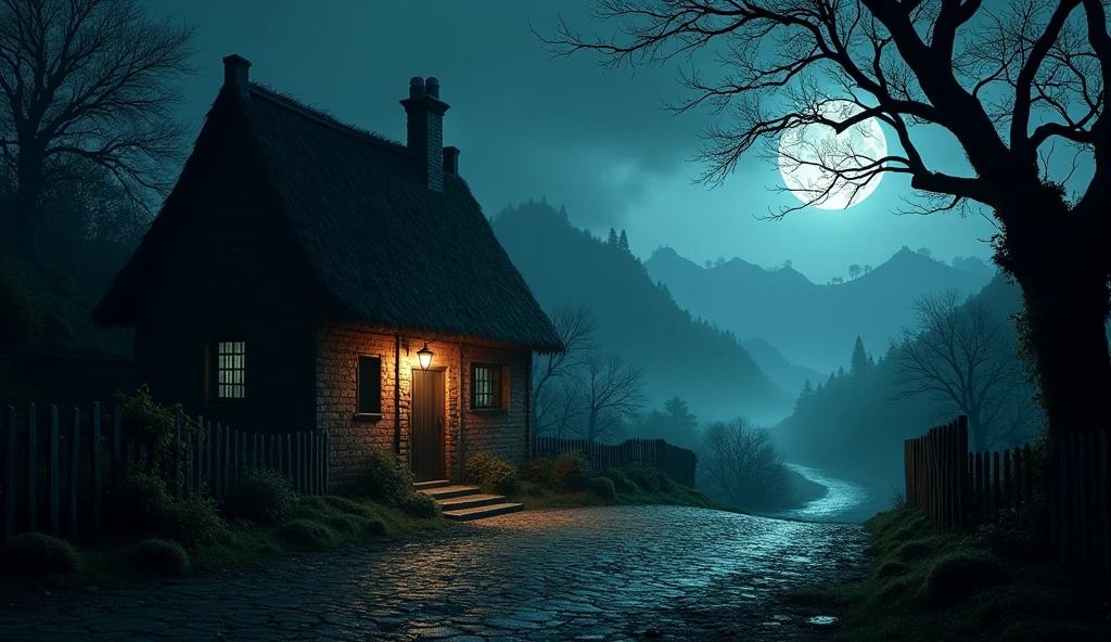 Spooky night view of the streets of an old 17th century Uthai village in Gothic style. One-story brick house with thatched roof lots of nature The house was on one side of the road, on the edge of a valley.