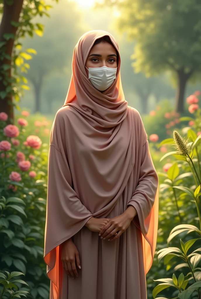 There is a hijabi Indian woman who is standing in the garden, wearing a mask on her face and showing her full body.