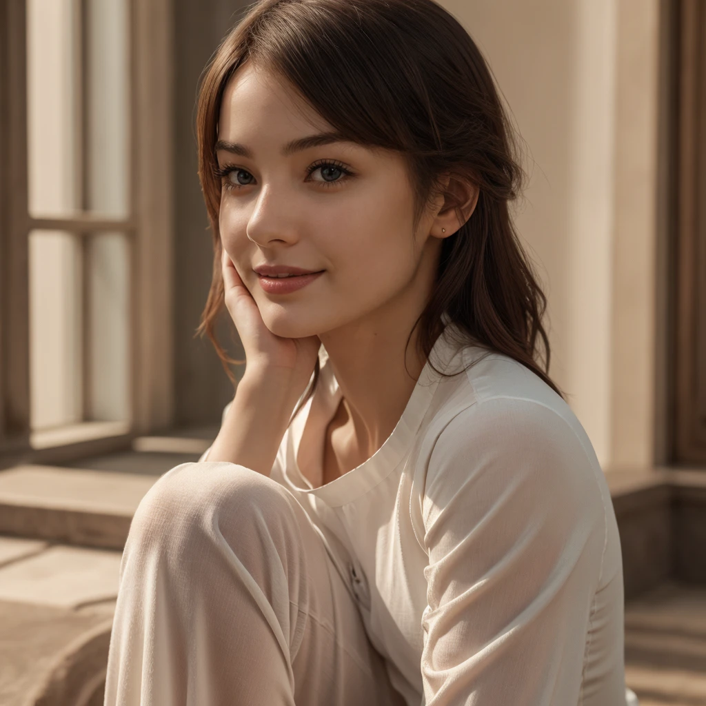 1girl, aodai white, photo art, (flower), a stunning photo with beautiful saturation, ultra high res,(realistic:1.4)),deep shadow,(best quality, masterpiece), pale skin, dimly lit, shade, flustered, blush, highly detailed, skinny, BREAK depth of field, film grain, wrinkled skin, looking at viewer, knee, warm smile, (upper body), masterpiece,ultra realistic,32k,extremely detailed CG unity 8k wallpaper, best quality