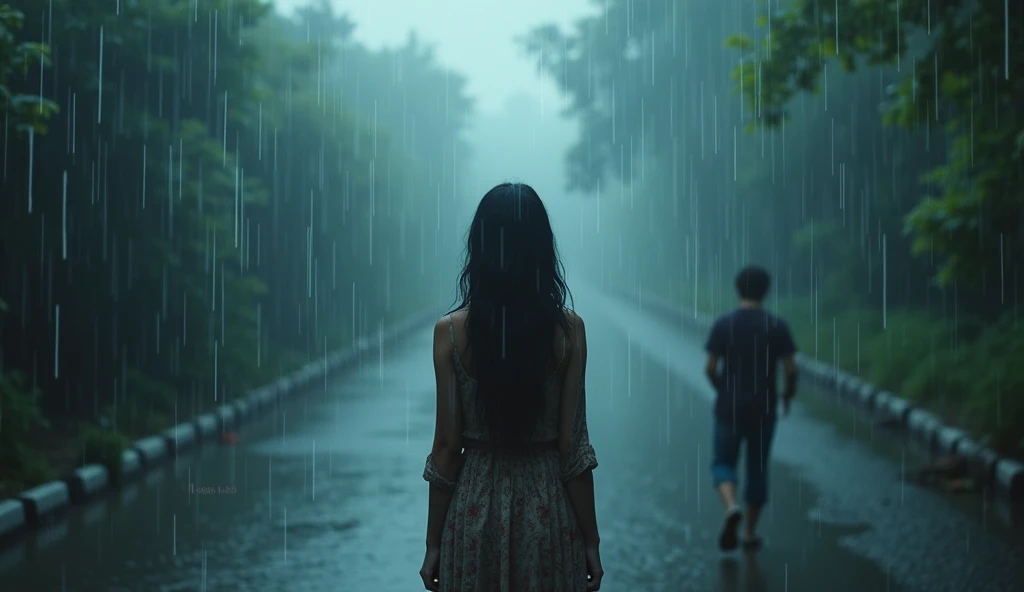 The visually striking image of a woman standing in the rain, watching a man from afar, should be prominently featured. The title "When the Rain Falls" in elegant text should be clearly visible and written and write " by Yash " in bottom of title