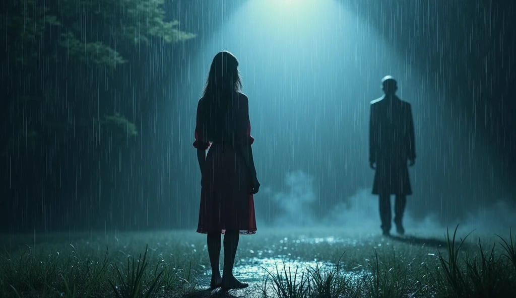 The visually striking image of a woman standing in the rain, watching a man from afar, should be prominently featured. The title "When the Rain Falls" in elegant text should be clearly visible and written and write " by Yash " in bottom of title