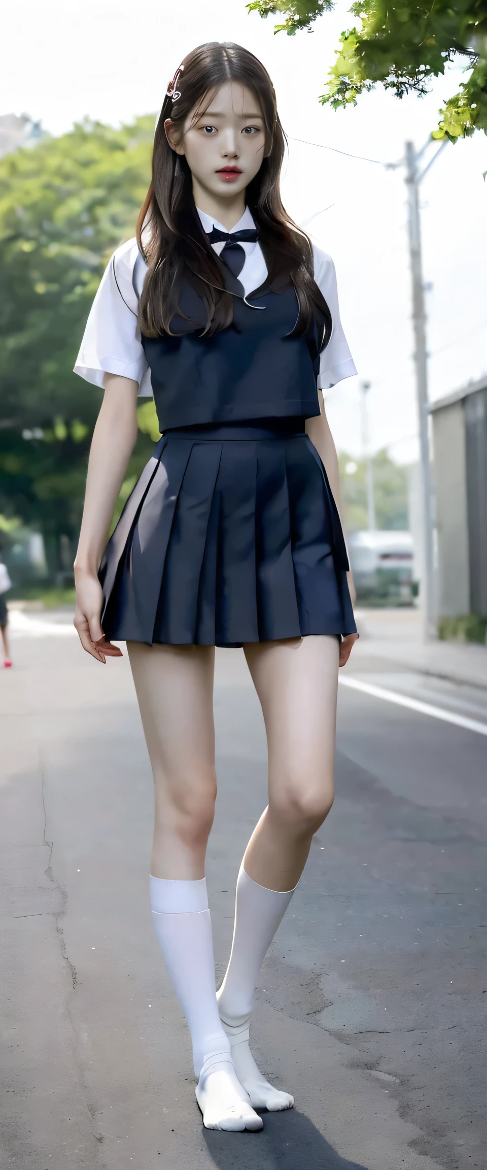 absurdes, RAW Photos, Very delicate and beautiful, masterpiece, Highest quality, Ultra-high resolution, 16K, hyperRealistic, Realistic, (((((whole bodyショット:1.8))))),((Japanese high school girls in school uniforms:1.7)),((The background is a very stylish modern city:1.2)), ((It is a beautiful sidewalk that is ultra-modern and clean.:1.2)),(((whole bodyショット:1.8))),((((She looks just like Wonyoung from the Korean idol group IVE..:1.9)))),((Checkered high school uniform short mini skirt:1.5)),((High school uniform summer short-sleeved white shirt:1.5)), ((Wear a red bow tie:1.6)),(((((Wear very short socks that reach down to your ankles on both feet.:1.8))))),((((Wear black loafers:1.6)))),(((Clothing that exposes a lot of bare skin:1.7))),((Bare skin on feet:1.8)), ((((Stand Upright:1.6)))),(((((Stand with your feet together:1.7))))),((Stand up straight:1.6)),(Turn the whole body towards me),((Bare skin on thighs:1.8)),((Bare skin on lower legs:1.8)),((((whole body :1.8)))),(((Socks that expose a lot of the lower legs:1.7))),(White socks on both feet:1.3),photoRealistic, photo-Realistic, Fingers are recreated in great detail,Beautiful hands,Very detailed, Perfect Anatomy, Very detailed肌, Perfect figure, Very detailed CG 8k wallpaper, Erect nipples, perfect nipples, Perfect breasts, Perfect hands, Perfect Fingers, Fair skin, Medium chest, blush, the wind is strong,Long legs,Thin legs, sexy legs,Sunny daytime,9 heads and body beauty, Fluffy hair, bangs,Green roadside trees can be seen in the background., (2 people :1.5), Small Ass,long and thin arms,Long legs, Mid-chest, Beautiful Hair,Hands down,Tight waist, friend, smile,cute,Beautiful girl Happy,Medium chest, Laughter,Black Hair, Tight waist,((Height 173cm:1.3)),Slim model body shape,(slim and muscular athletic build:1.3),(slim but muscular legs),(Thin thighs),(Long thighs),1 person,Long legs,cute,beautiful girl,((((Anatomically correct:1.4))))
