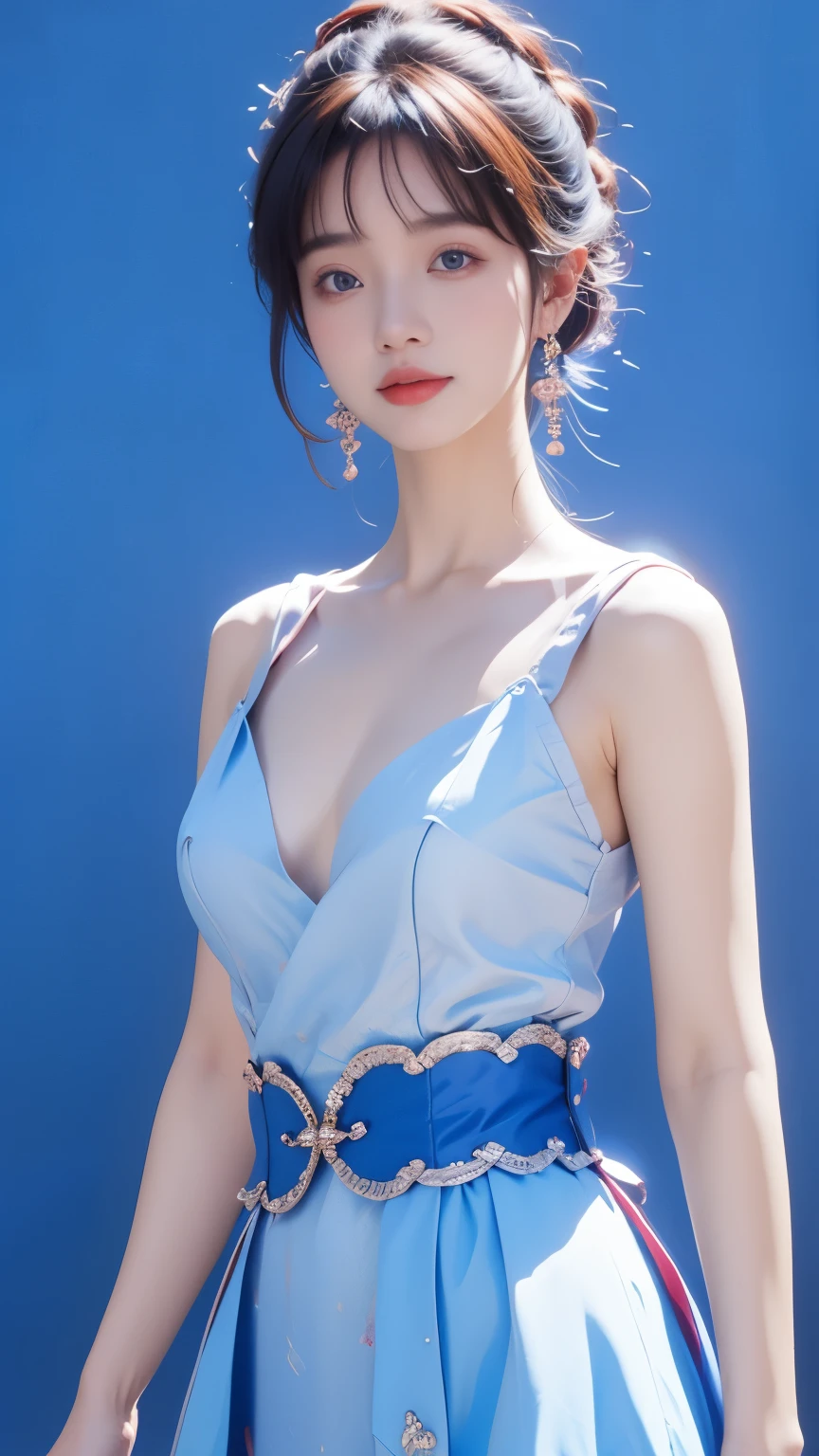 xingxiangzhao,(look at the viewer:2),1girl,blue dress,bare shoulders,earrings,gray background,long hair,sleeveless dress,rim light,moody lighting,smile,