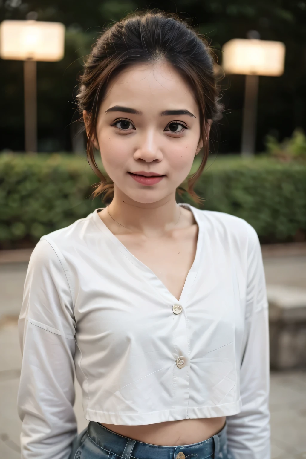 ((CROPPED SHIRT:1.29)), HIJAB GIRL STYLISH & WEARING HOTPANTS, masutepiece, High quality, UHD 32K, Realistic face, Realistic skin feeling , A Japanese Lady, 5 matured lady, , Very cute and baby-like face, (((FLAT CHEST))), (Night time at forest), ((look In front at the camera and SADNESS)), (((CUTE GIRL))),