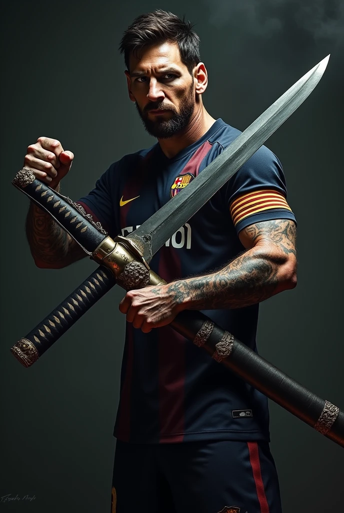 Messi with a big katana in his hand and a big gun in his another hand