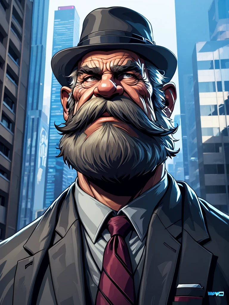 a portrait of an old man wearing a suit, upperbody, standing in a city background, (mwvector), baseball hat, vector, thick mustache, long beard, 8k, high quality, photorealistic, detailed wrinkles, detailed facial features, detailed texture