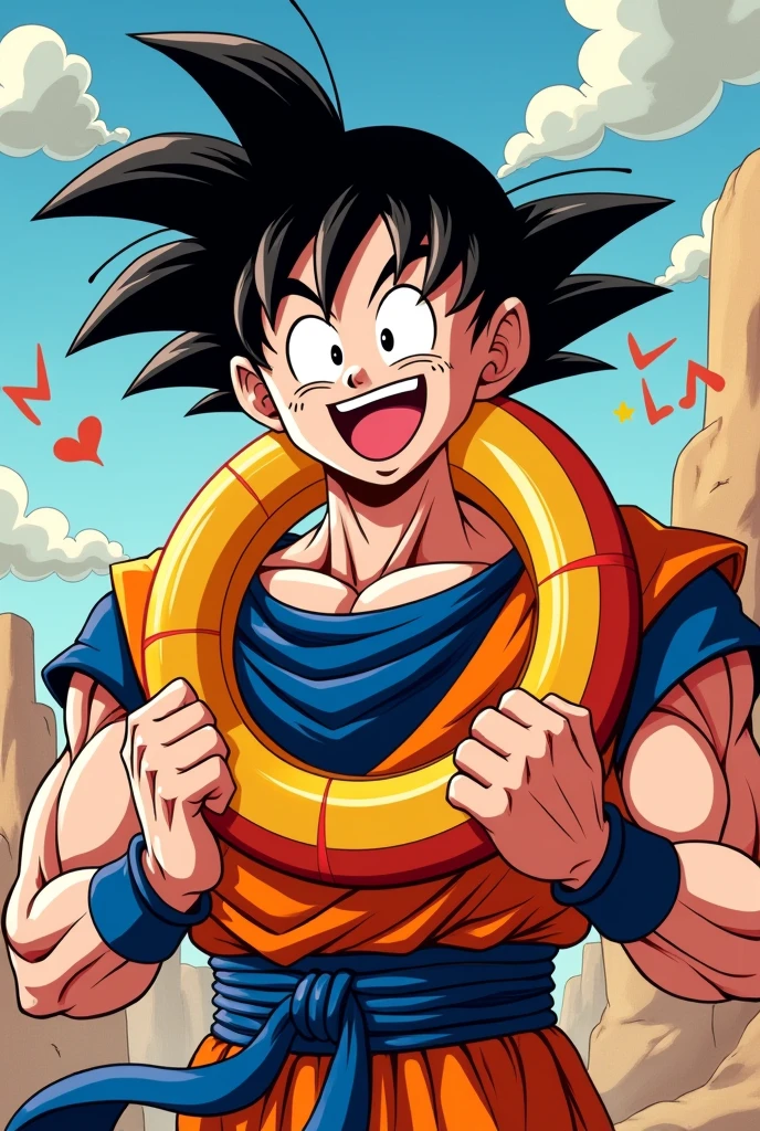 Happy Goku eating Circular flag