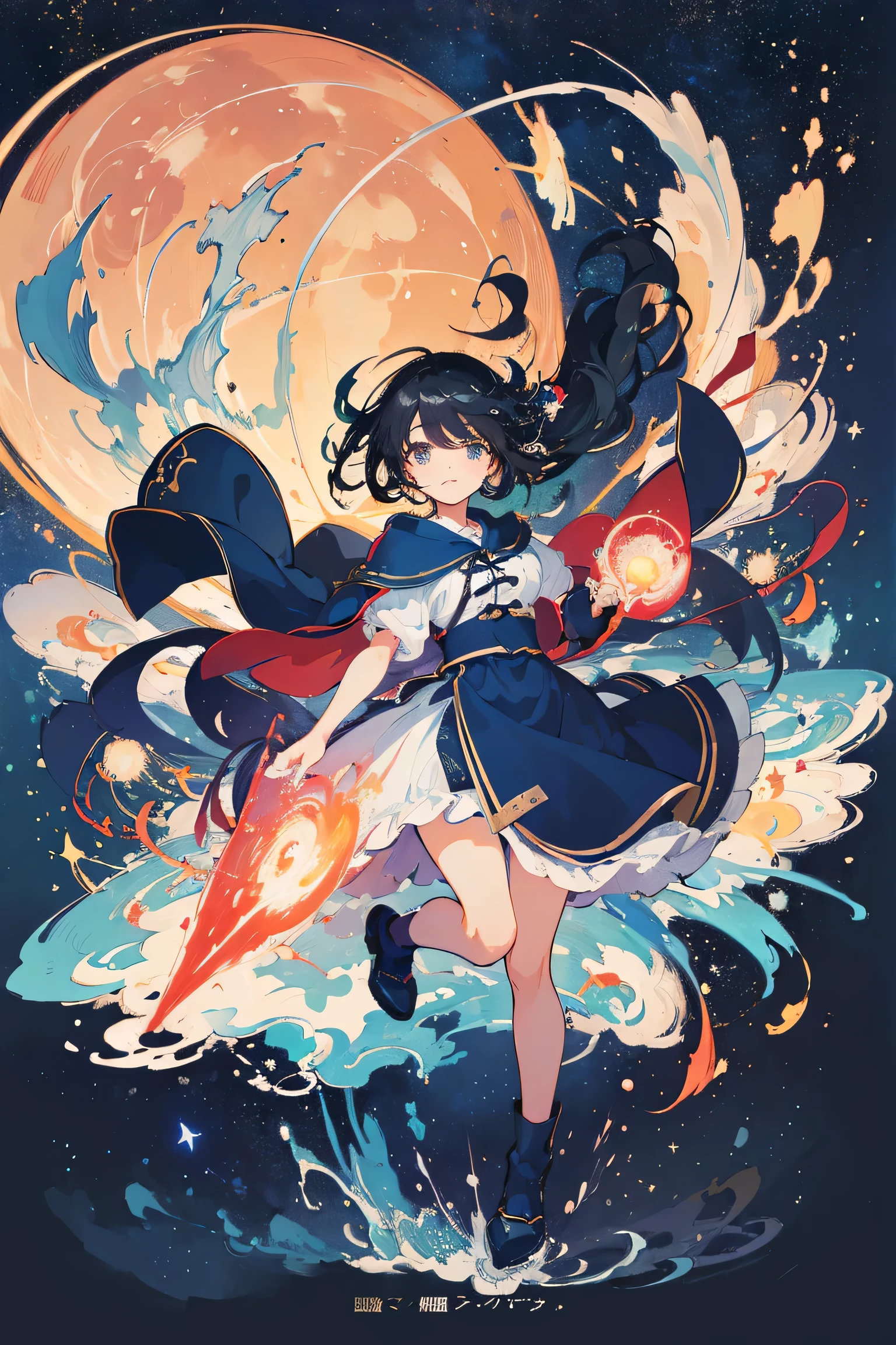 (masterpiece、Highest quality、Official Art:1.2)、Look at the viewers、(Girl))、（Wind Magic使いの服）（Black Hair）（Wind Magic!! ︎），Star Island、watering group），Colorful floating starry sky、(2D:1.5)