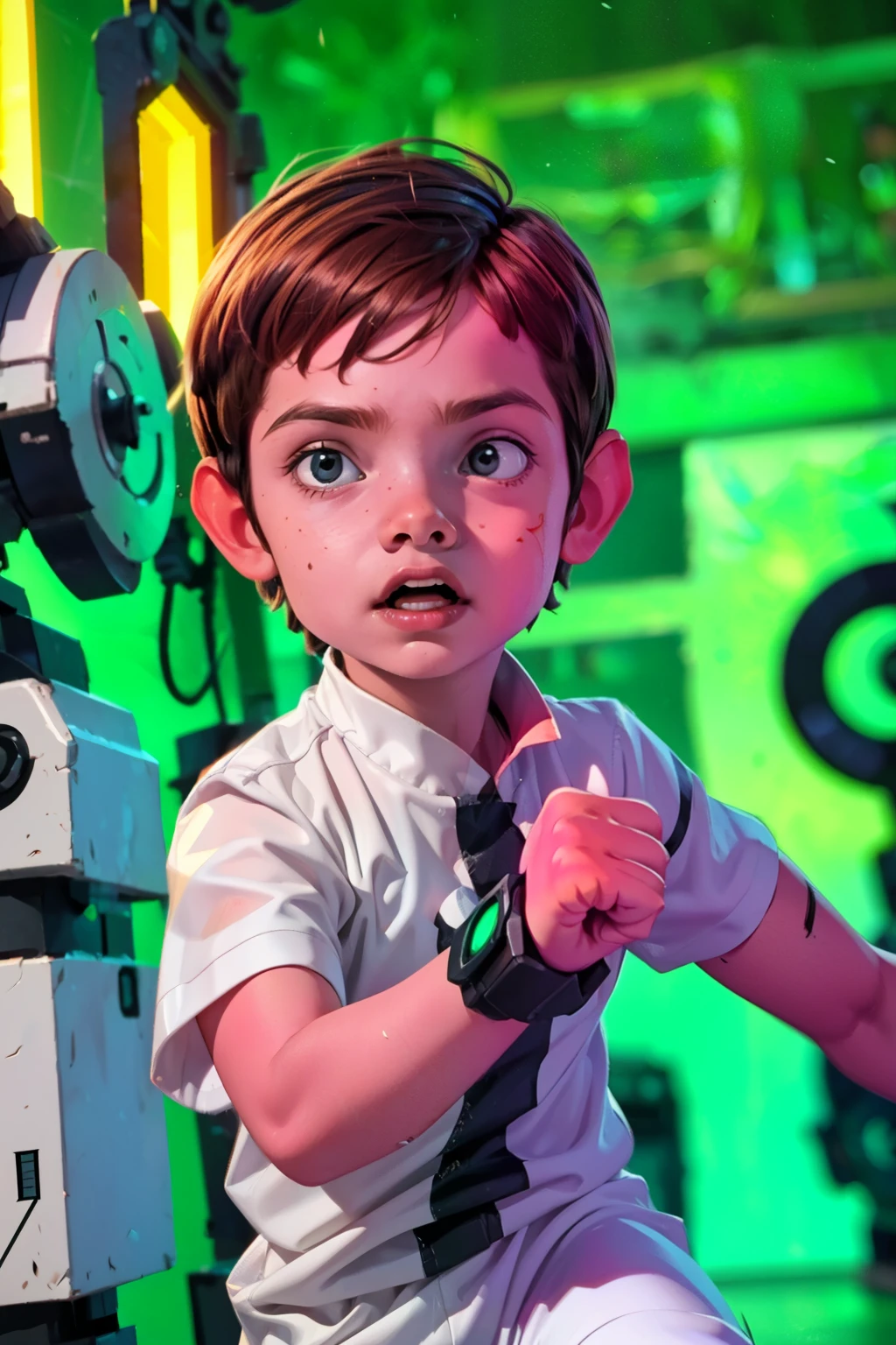 Movie poster, Ben 10 ((A , 4yo )) ((wearing a white outfit with black stripe in the center, showing fist. ((Machine on arm)) . Action facial expression )) . highy detailed, face detailed, realisitic, cinematic lighting, studio quality, proffesional, face detailed, intrikate, bright coloured. ((abstract lighting background)).