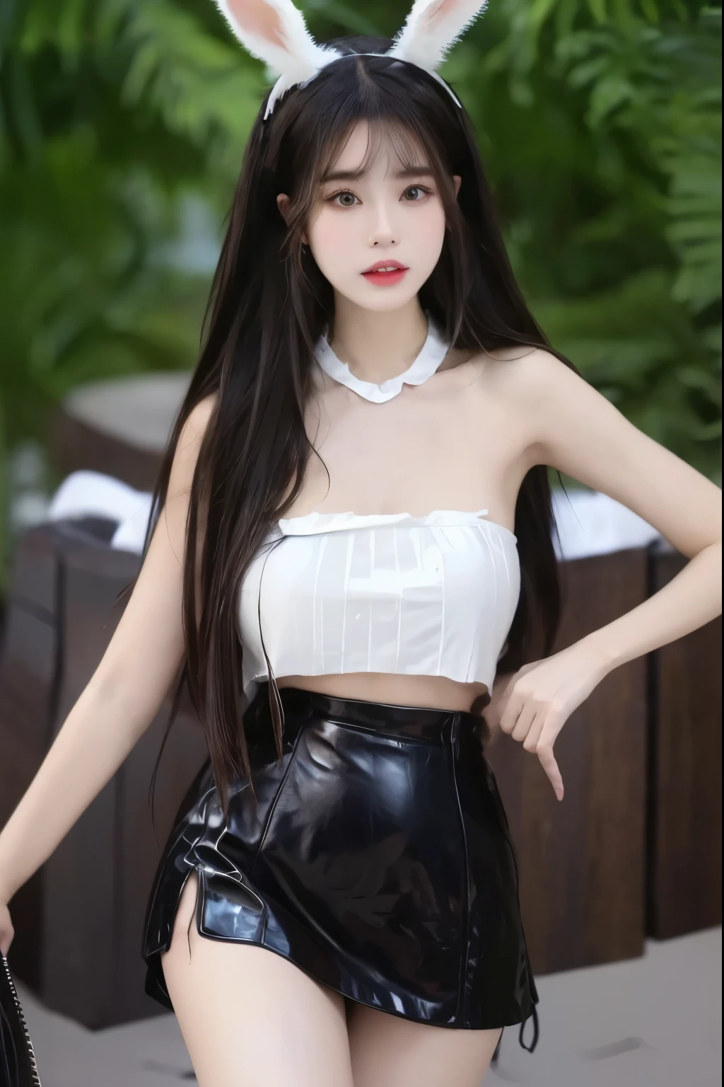 Beautiful woman with perfect body:1.4,Prominent cleavage,Layered Hairstyle,Highly detailed face and skin textures,Double eyelids,Skin Whitening,Long hair,Whitened long legs,(Rabbit ears、Black tube top、Black leather skirt)