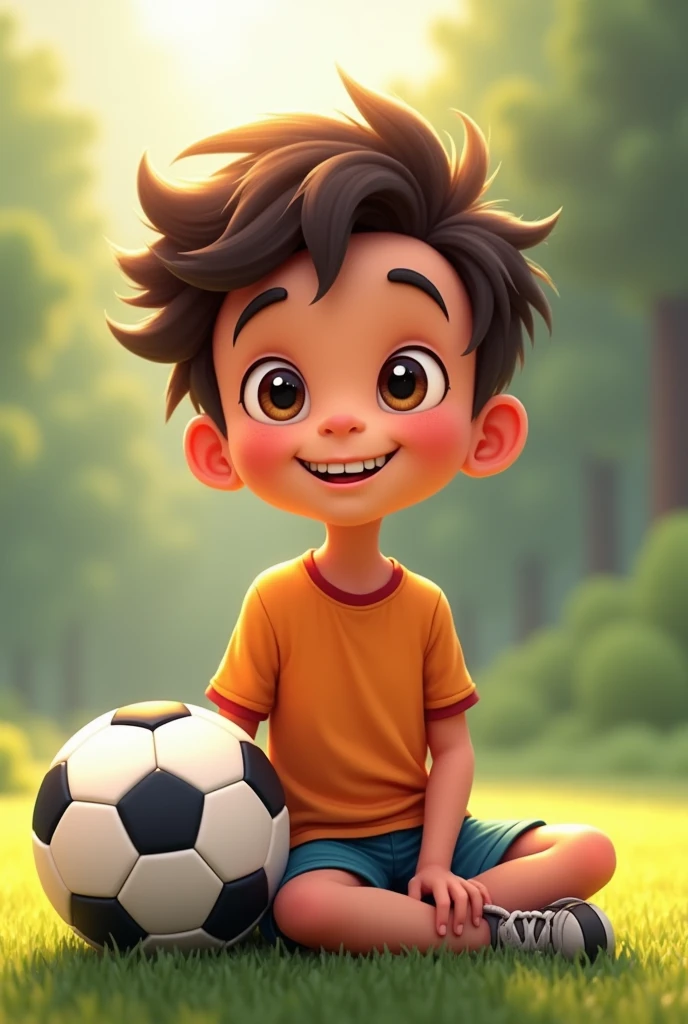 boy sitting happily beside soccer ball