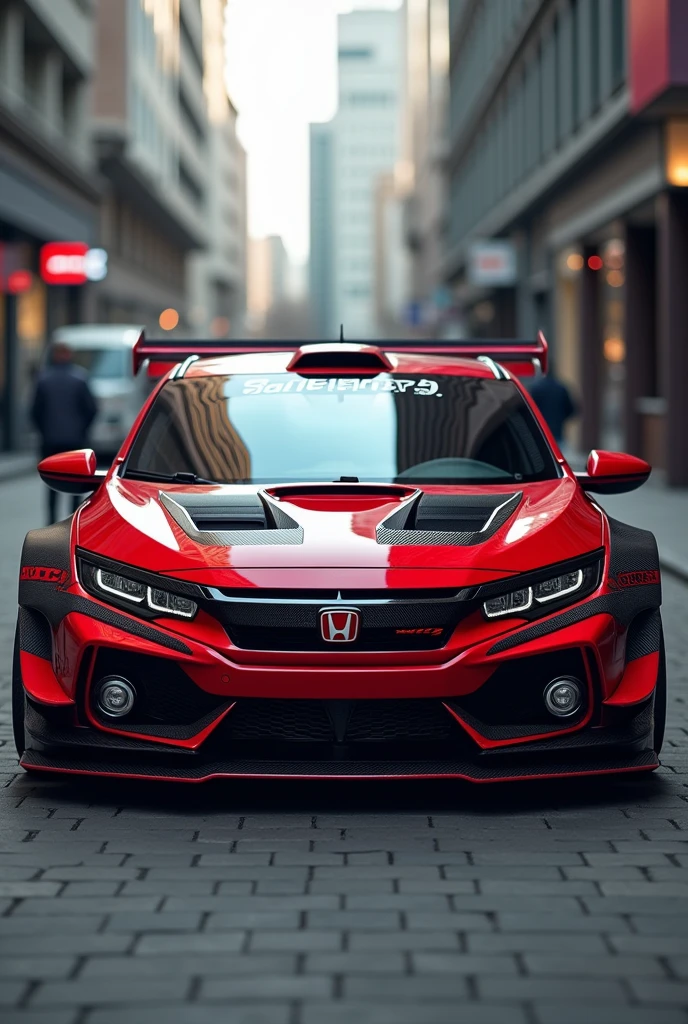 Honda civic red color sport spoiler racing rims carbon hood