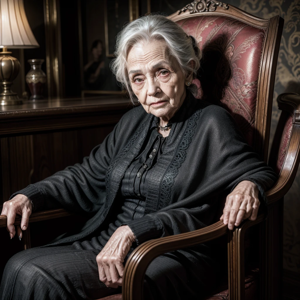 A Scary Old Lady, skin black, sitting in the armchair, holding cane, shady look, wrinkles, High definition, super defined, dark house, eyeshadows, antique decorations, pobres, chilling 