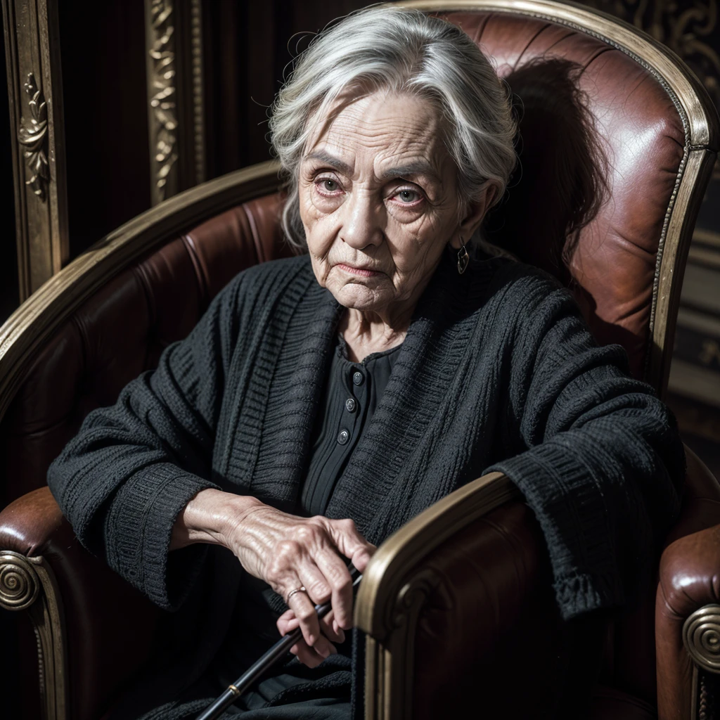 A Scary Old Lady, skin black, sitting in the armchair, holding cane, shady look, wrinkles, High definition, super defined, dark house, eyeshadows, antique decorations, pobres, chilling
