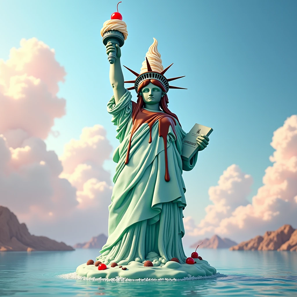 Picture the Statue of Liberty as a towering ice cream sundae, with scoops of mint chocolate chip for the statue, drizzled with rich chocolate syrup, and topped with a flame-like swirl of whipped cream and a cherry."