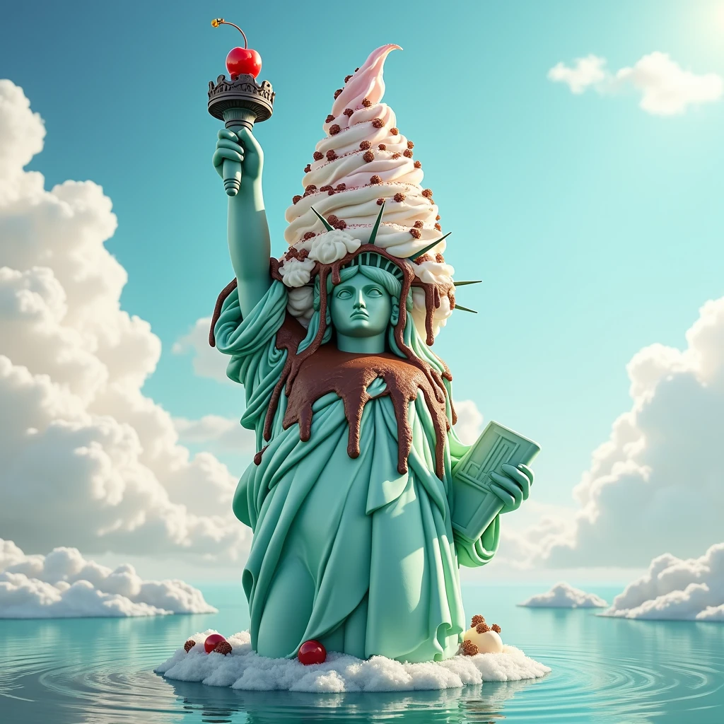 Picture the Statue of Liberty as a towering ice cream sundae, with scoops of mint chocolate chip for the statue, drizzled with rich chocolate syrup, and topped with a flame-like swirl of whipped cream and a cherry."