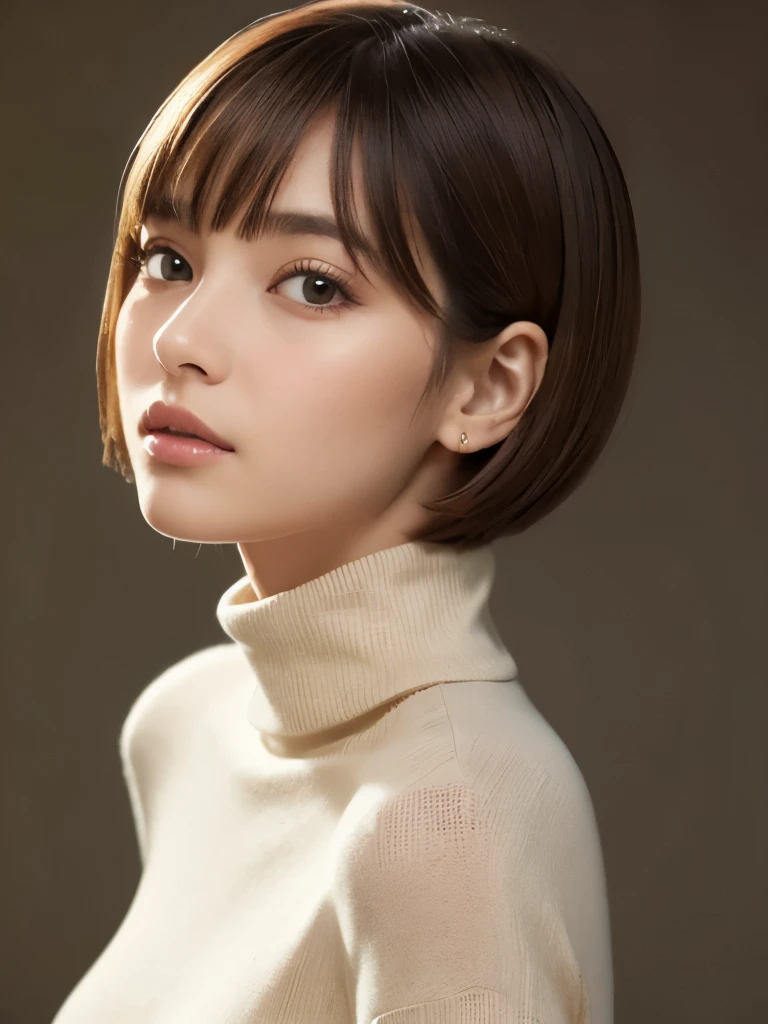 A realistic, highly detailed portrait of a young woman with a short, sleek bob haircut. She has a delicate, symmetrical face with large, almond-shaped eyes that reflect the light subtly. Her expression is neutral, yet there is an intensity in her gaze that captures attention. The woman is wearing a fitted, long-sleeved turtleneck in a muted beige color that contrasts softly against her fair skin. The fabric of the turtleneck clings closely to her form, revealing subtle textures and contours. The lighting is soft and natural, illuminating her face evenly while casting gentle shadows that enhance the depth of her features. The background is blurred with a subtle bokeh effect, focusing all attention on the woman’s face and upper body. The overall tone of the image is calm and serene, with a hint of elegance.