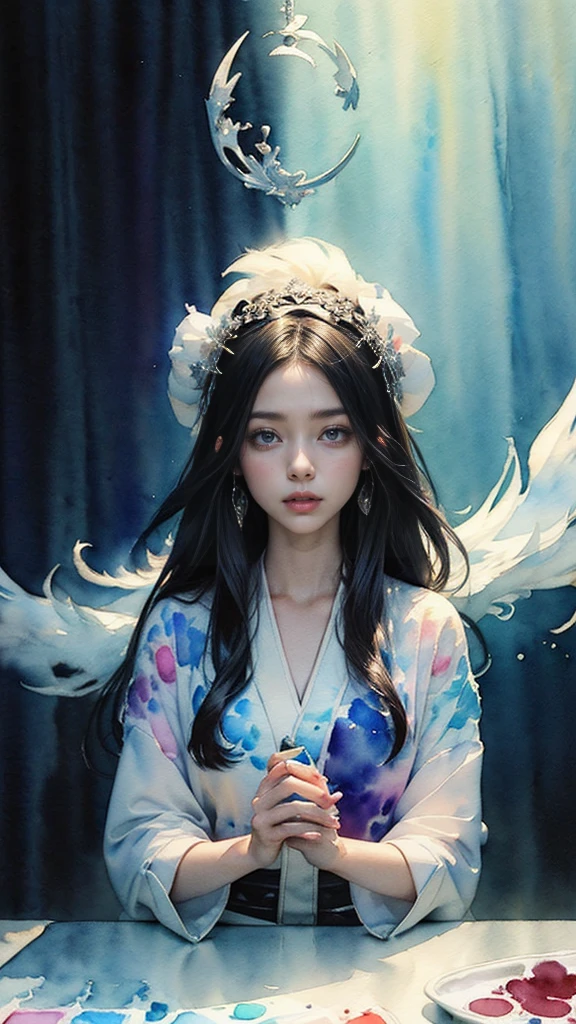 (Tabletop, Highest qualityの, Highest quality, Official Art, (beautifully、aesthetic:1.4), (Watercolor:1.4) ), (Izanami 1.5), 日本のgod話の女god, Majestic beauty, 創造の女god、生命の女god、Typically、((((Typically))))、Reincarnation Support, god'Grace, Gentle and meditative expressions, Flowing, celestial garments, Shine、Created all the landscapes and worlds on Earth, A dazzling dance of light, Whispers of Ancient Legends,