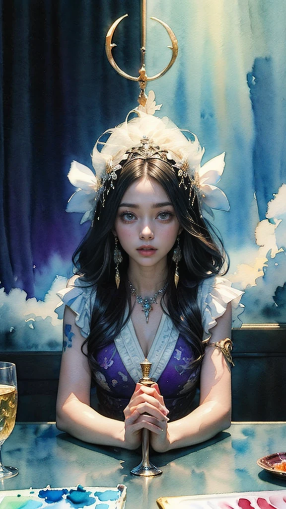 (Tabletop, Highest qualityの, Highest quality, Official Art, (beautifully、aesthetic:1.4), (Watercolor:1.4) ), (Izanami 1.5), 日本のgod話の女god, Majestic beauty, 創造の女god、生命の女god、Typically、((((Typically))))、Reincarnation Support, god&#39;Grace, Gentle and meditative expressions, Flowing, celestial garments, Shine、Created all the landscapes and worlds on Earth, A dazzling dance of light, Whispers of Ancient Legends,