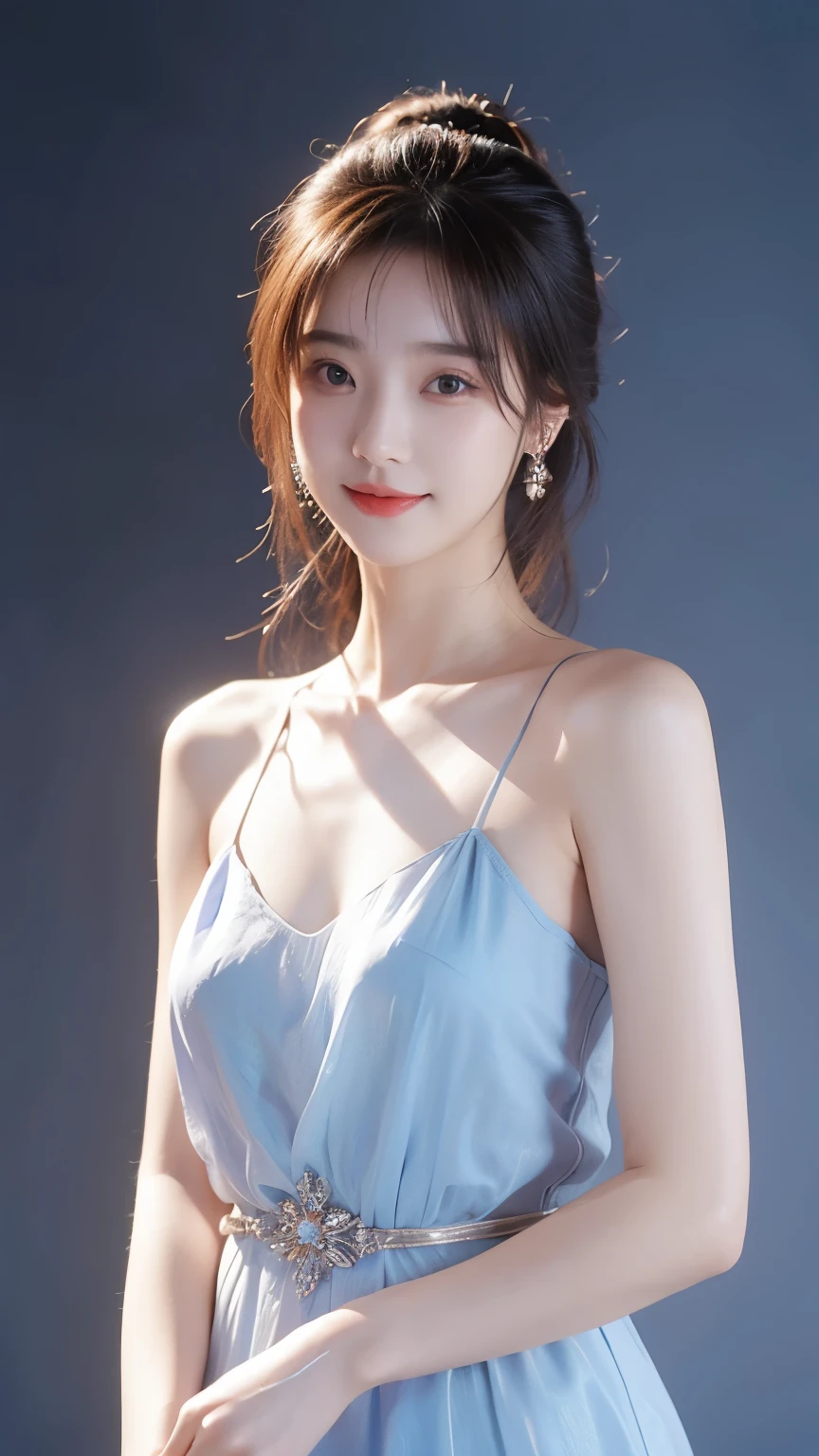 xingxiangzhao,(look at the viewer:2),1girl,blue pink dress,bare shoulders,earrings,gray background,long hair,sleeveless dress,rim light,moody lighting,smile,