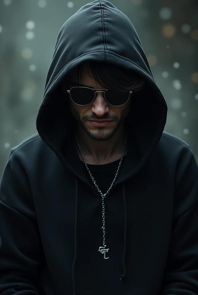 Hooded young man with black sweatshirt sunglasses with a scary smile with long hair with a chain that says L.f