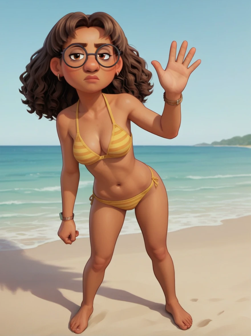 Priya Mangal 

P_m, (((1 girl))), dark skin, brown hair, wavy hair, brown eyes, glasses, earrings,  ,

yellow bikini with stripes
serious expression,

score_9, score_8_up, score_7_up,

((( beach ))) ,

medium breasts, open legs, 
(((full body))), looking at viewer, waving,