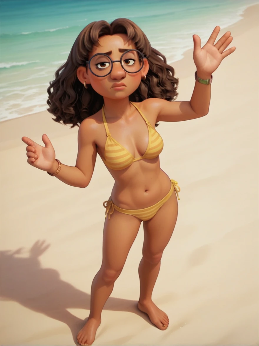 Priya Mangal 

P_m, (((1 girl))), dark skin, brown hair, wavy hair, brown eyes, glasses, earrings,  ,

yellow bikini with stripes
serious expression,

score_9, score_8_up, score_7_up,

((( beach ))) ,

medium breasts, open legs, 
(((full body))), looking at viewer, waving,