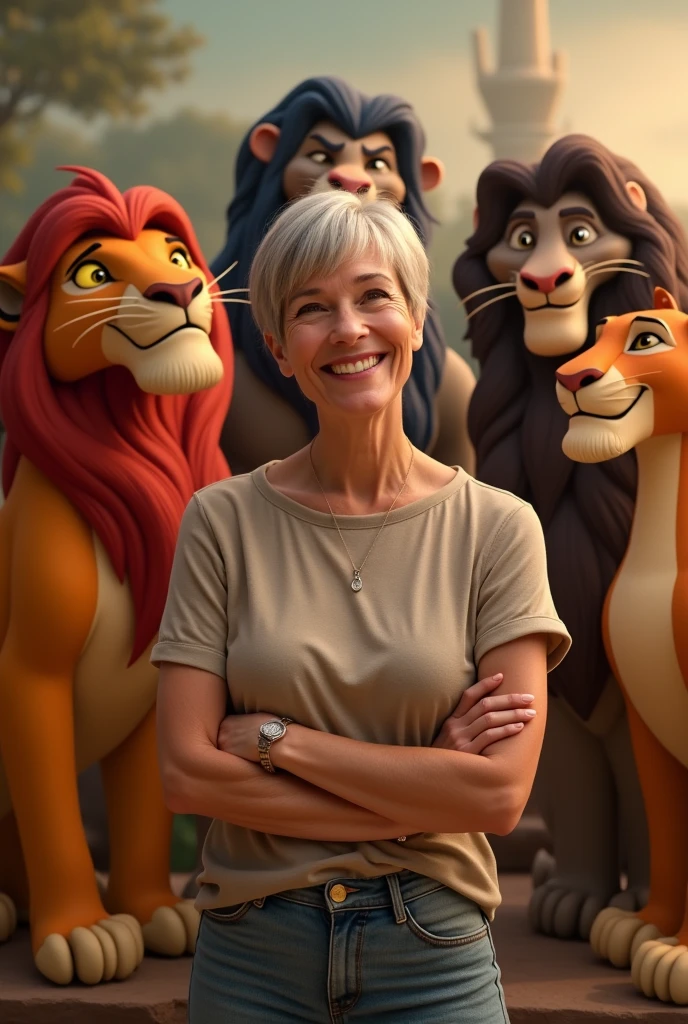 A ca. 50 year old slim woman with short hair who, alongside many characters from the film "The Lion King" stands and smiles into the camera.