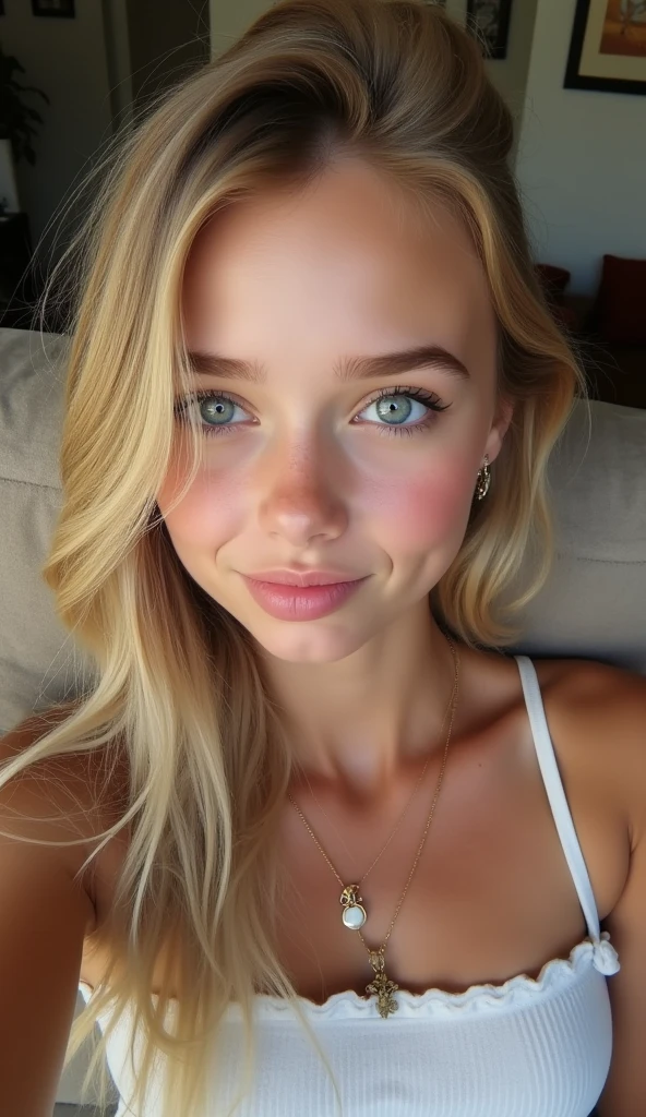 1girl in, age19, Allein, lange Haare, Kolossal , Betrachter betrachten, blondes Haar, nackten Schultern, blaue Augen, Juwelier, nur Gesicht , realistisch, Eine sexy, im Auto, mit Bikini , nice