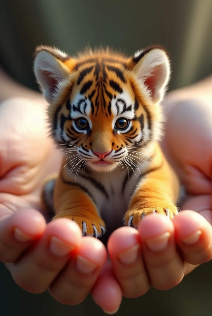 

A hyper-realistic, ultra-cute scene of a miniature tiger cub being held gently between human fingers. The tiger cub has detailed, expressive eyes and tiny paws with visible fur texture. The background is softly blurred to keep the focus on the cub.The image convey a sense of wonder and tenderness 