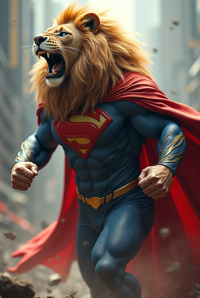 Lion face and human stile body with super man Costume