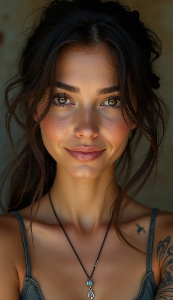 
woman of slavic appearance, with brown eyes and dark eyebrows, fleshy lips, ultra detailed skin with a light tan, smiling, 30years, Scrawny, with an owl tattoo on his right arm, wearing a purple top and a pendant around her neck, has his nose pierced,((( the face and hair appear in the image)))