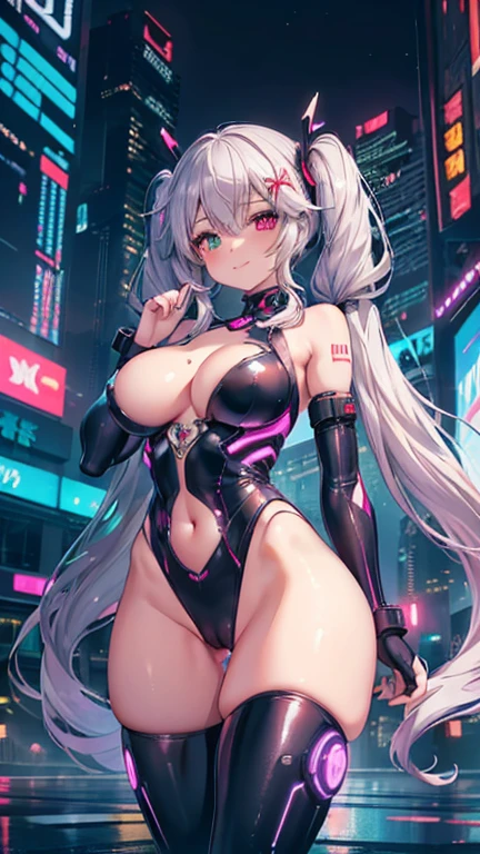 nsfw,((1girl)), (masterpiece, best quality), High resolution, Very detailed,4K,8k, ((Anatomically correct number of limbs),(Anatomically correct number of fingers)), ((seductive smile) ,(silver hair,Long twin tails,shiny hair:1.3), ((Cyber miko),(Clothes with purple glitter lines),cameltoe), (heterochromia,(red eye,green eye))), ((big breasts),beautiful breasts,curvy),((Late Night),Cyberpunk cityscape,Vibrant neon glow)
