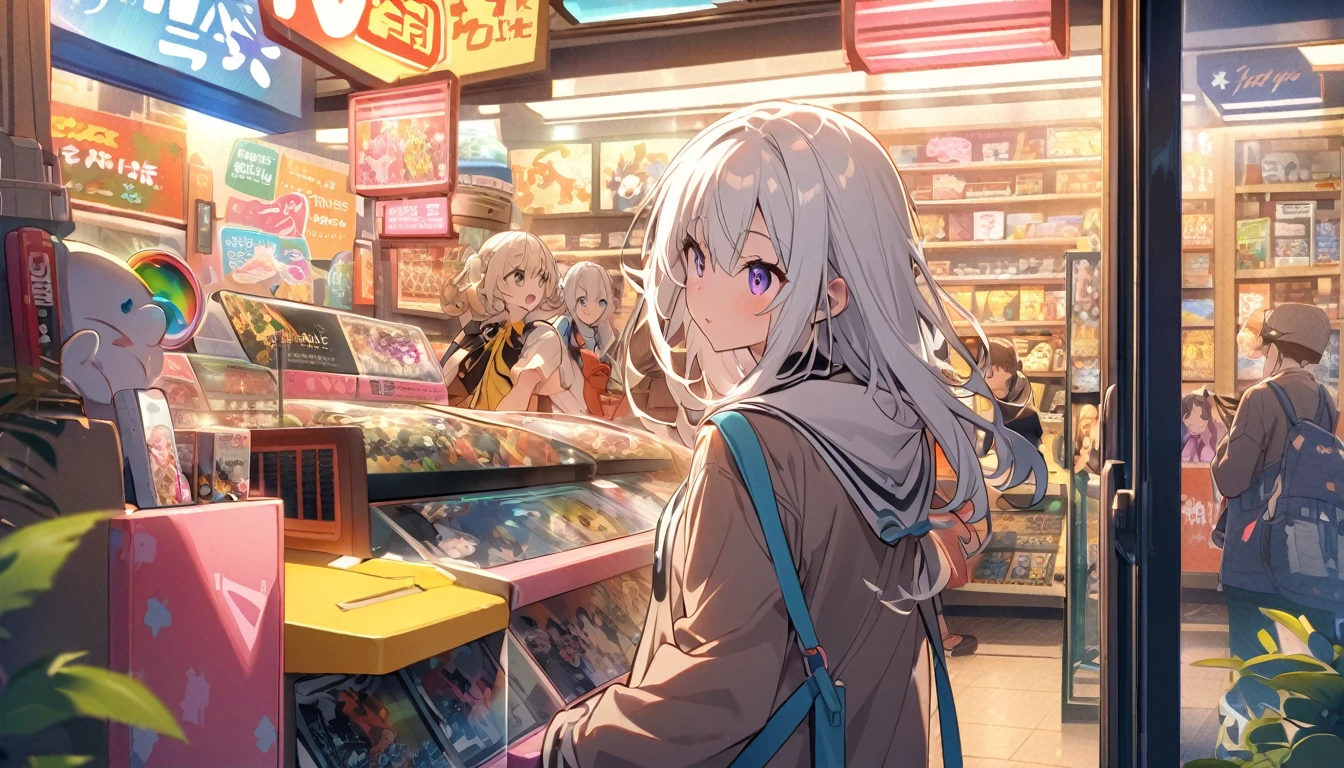 A woman with white hair and cute clothes、First visit to Akihabara。On Electric Town Street、Colorful neon signs sparkle、A store with the latest gadgets and figurines々is standing side by side。From the entrance of the game center、Rhythmic music plays、Huge posters featuring anime and manga characters catch your eye。The whole town exudes an otherworldly atmosphere.。The main character as a tourist、While wondering which store to stop at,、Enjoy the excitement of Akihabara。