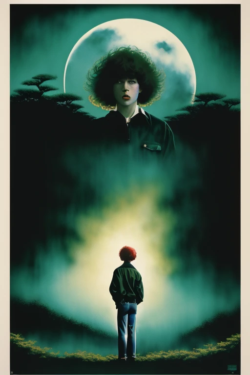 Poster for 1986 psychological sci-fi horror thriller film starring eighteen-year-old Molly Ringwald wearing a dark-green jacket with sleeves rolled up, white shirt, and blue jeans, in the style of Noriyoshi Ohrai, extremely detailed, creepy, eerie, atmospheric, hallucinatory