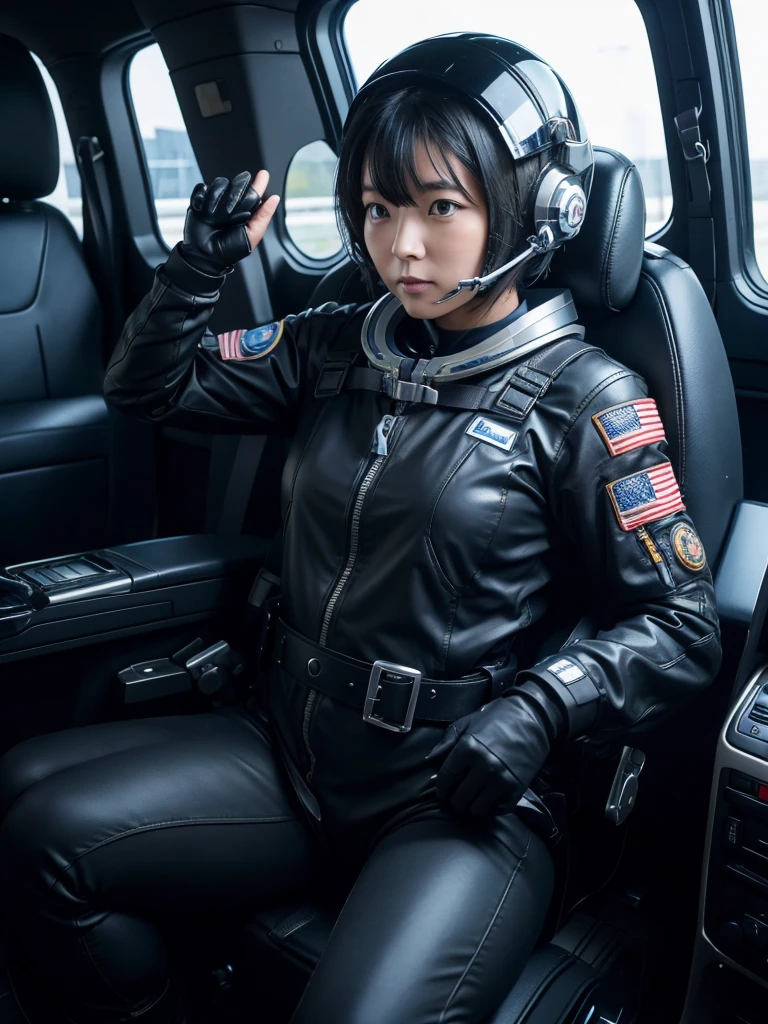 Japanese female astronaut,Black Hair,The spaceship's cockpit,Fully secured in the seat with sturdy belts,Wearing a helmet,Plump,Slightly thicker,Squat