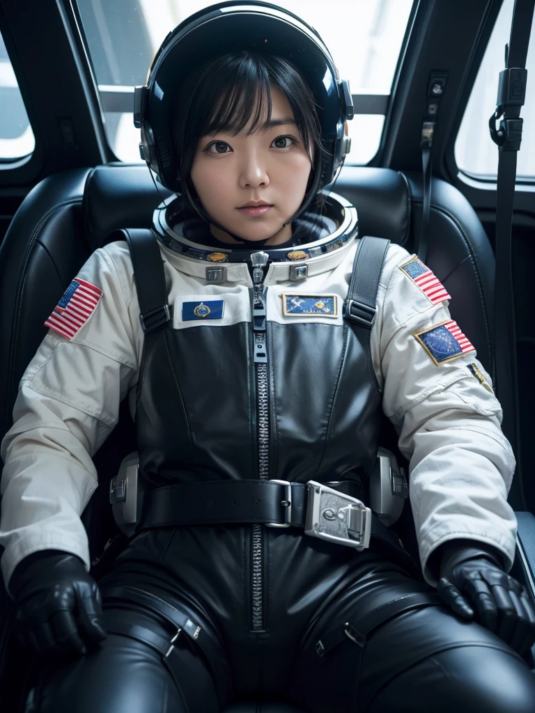 Japanese female astronaut,Black Hair,The spaceship's cockpit,Fully secured in the seat with sturdy belts,Wearing a helmet,Plump,Slightly thicker,Squat