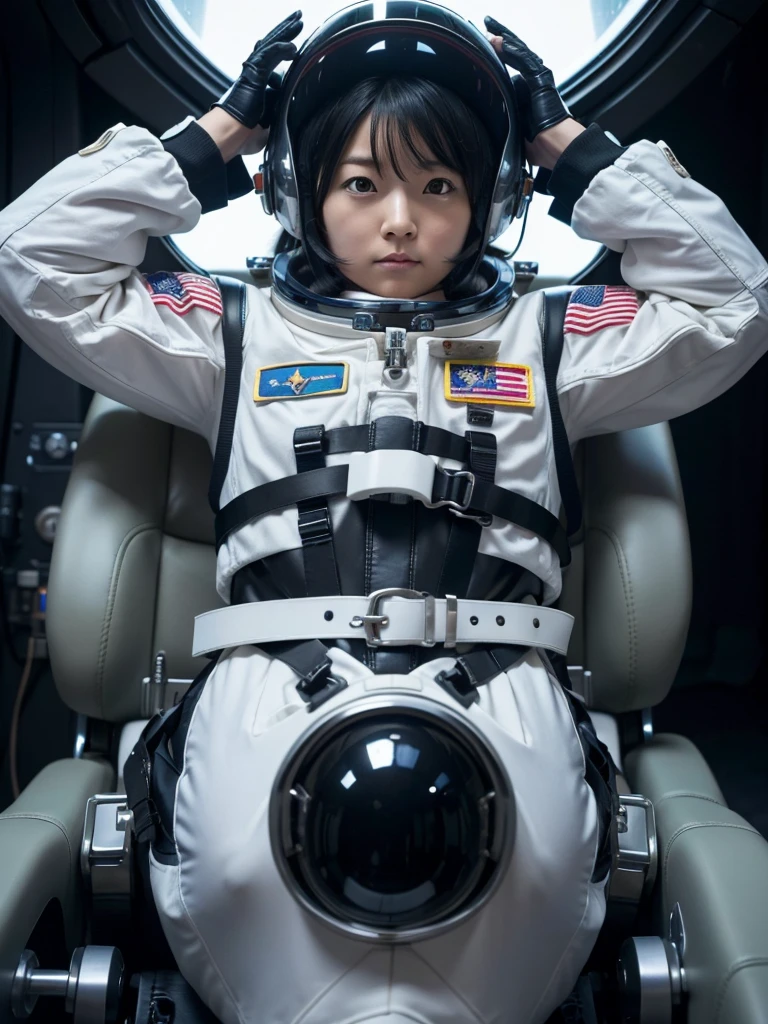 Japanese female astronaut,Black Hair,The spaceship's cockpit,Fully secured in the seat with sturdy belts,Wearing a helmet,Plump,Slightly thicker,Squat